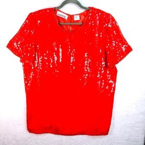 Silhouettes Sequin Blouse Women 2XL Red Silk Beaded Evening Top